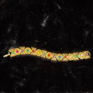 Unsigned Vintage Art Deco Multi-Colored-Stone Link Gold Tone Bracelet
